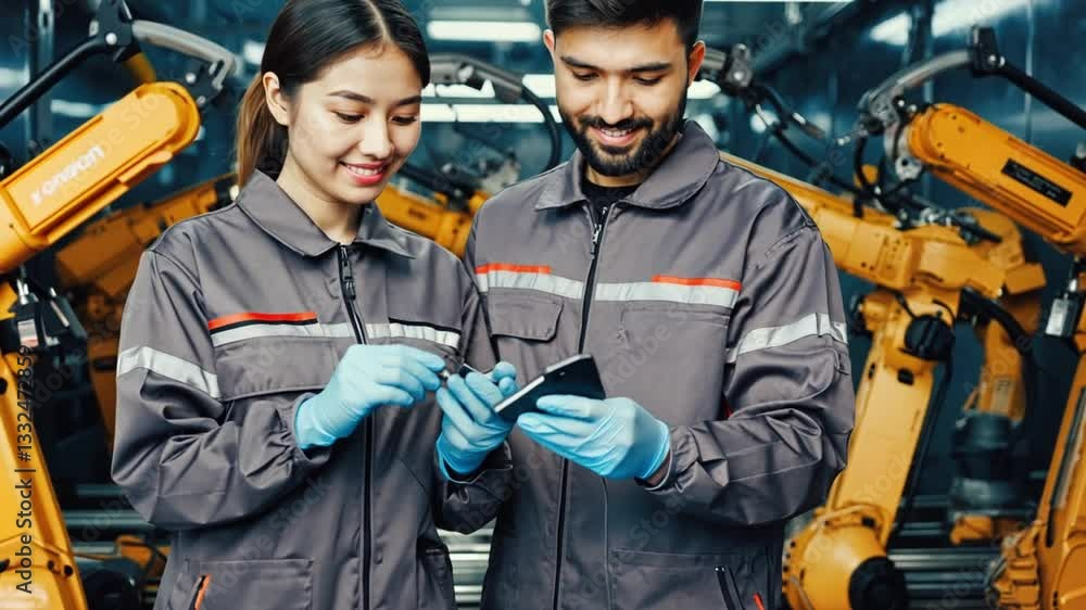 Professional Asian workers inspecting machinery together in robotic factory using digital technology. Concept of engineering excellence and collaboration. Professional Asian workers inspecting machinery together in robotic factory using digital technology. Concept of engineering excellence and collaboration.