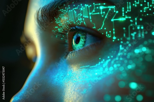 Close-up of a woman's eye with glowing circuit board patterns overlaid, representing futuristic technology and AI.