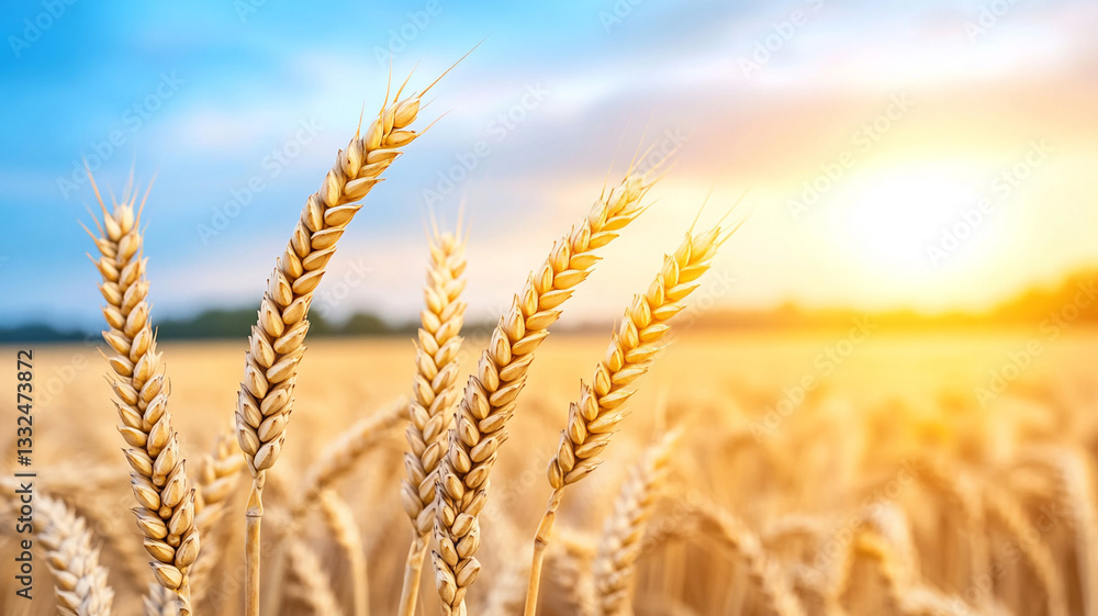Golden wheat field at sunset, serene landscape of nature beauty Golden wheat field at sunset, serene landscape of nature beauty