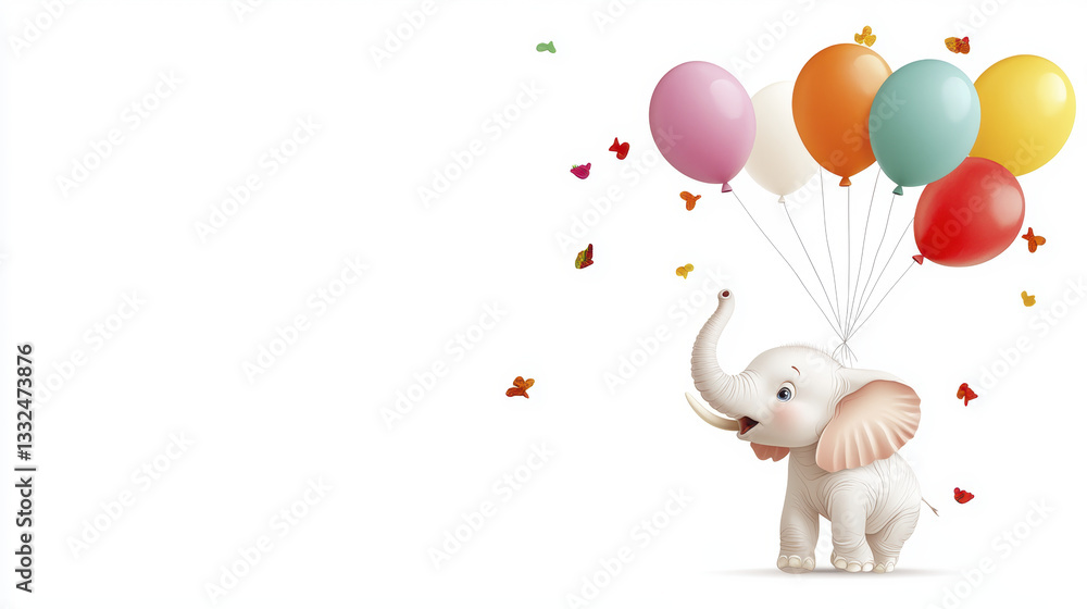 Naklejka premium Cute elephant holding colorful balloons, surrounded by butterflies, joyful scene
