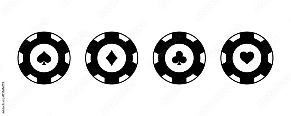 Poker chips black icons set. Casino poker chip logo. Poker symbols with spades, hearts, diamonds, clubs. Playing poker concept. Poker chips black icons set. Casino poker chip logo. Poker symbols with spades, hearts, diamonds, clubs. Playing poker concept.