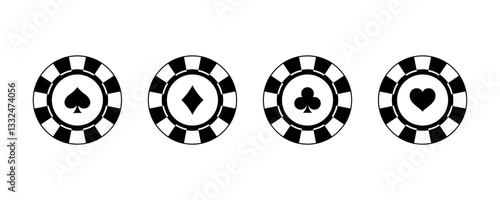 Poker chips icons vector set. Casino poker chip symbol. Gamble graphic elements collection. Gambling coins, tokens with card signs, poker chips.