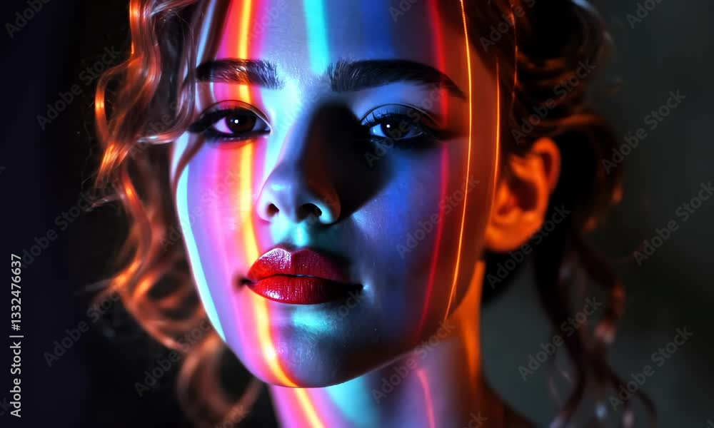 Woman's Face Covered in Colorful Light Reflections for Artistic Concept Woman's Face Covered in Colorful Light Reflections for Artistic Concept