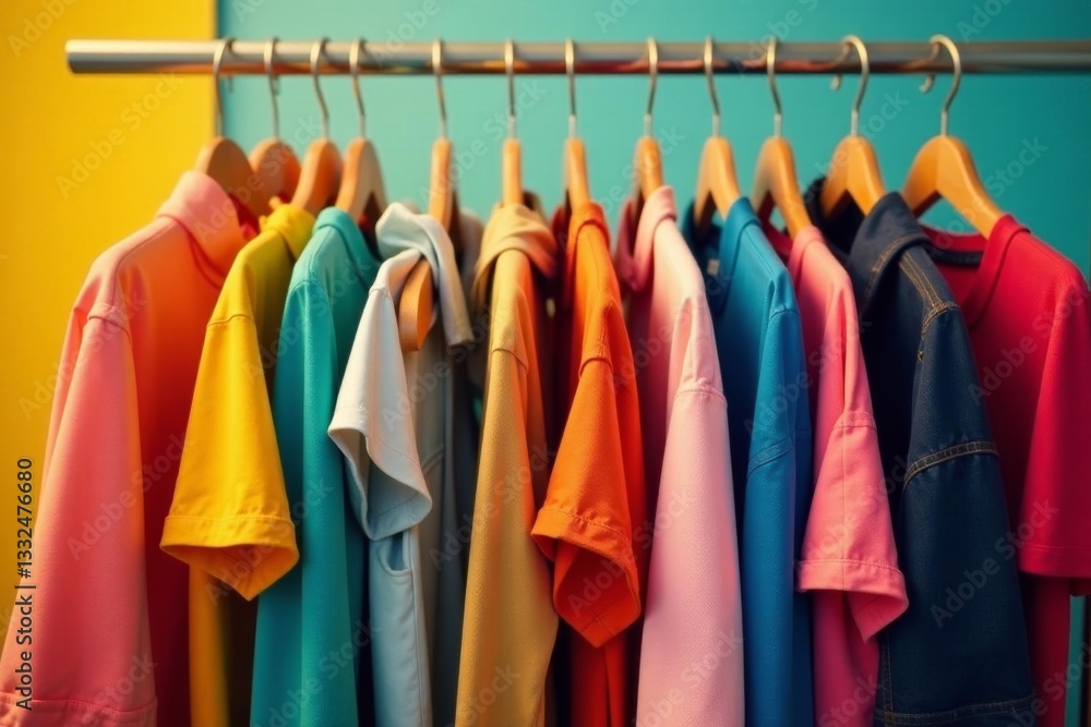 Fototapeta premium Colorful display of discounted clothing items on hangers, retail, fashion, promotion