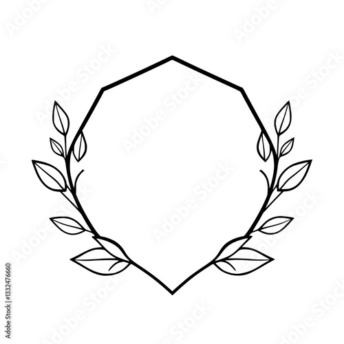 Elegant minimalist illustration featuring a geometric frame adorned with symmetrical leafy branches, set against a pure white background.
