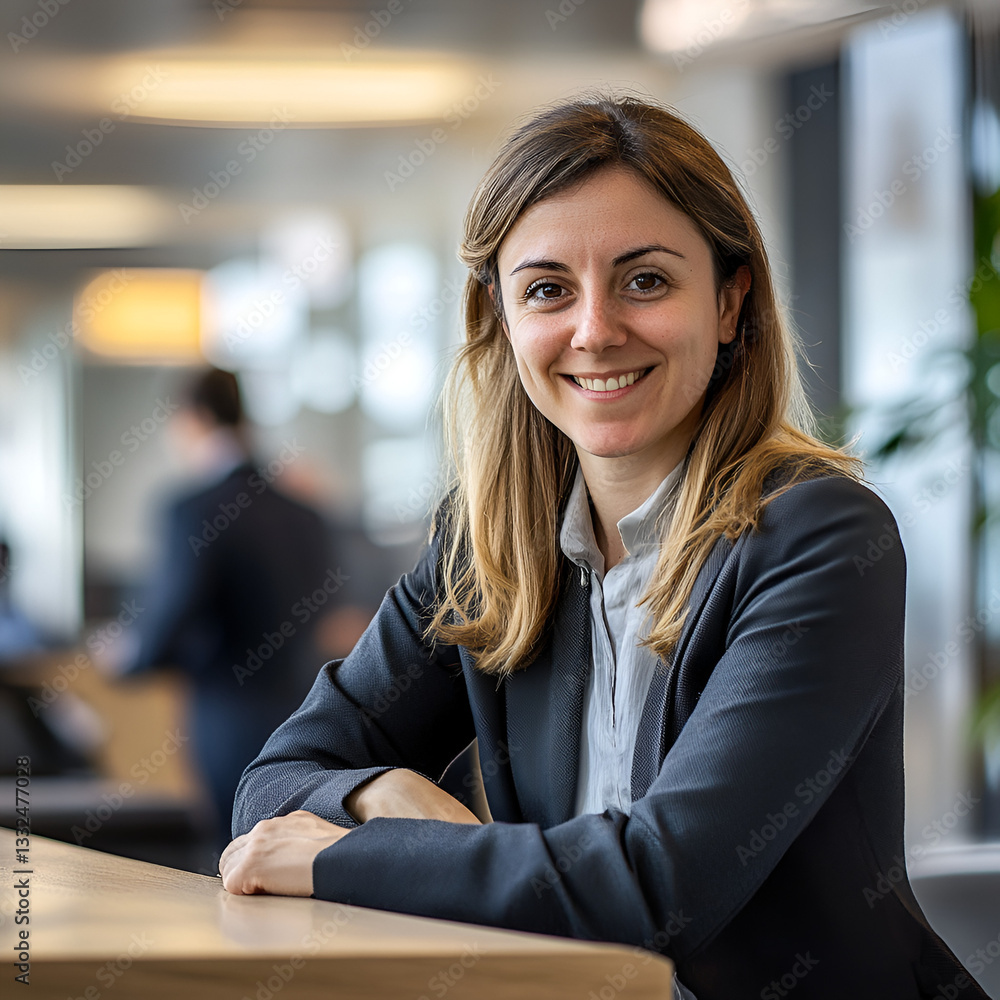 Fototapeta premium Female smiling sales representative wearing dark blue blazer standing in office casually posing for camera
