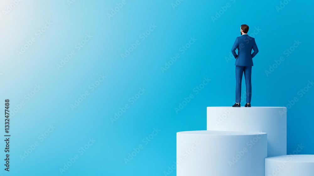 Standing tall on pedestal, man symbolizes success and ambition Standing tall on pedestal, man symbolizes success and ambition