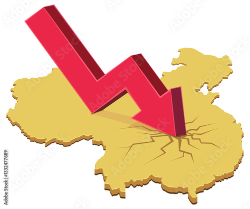 3D map of China with a downward arrow making cracks on the map (cut out)