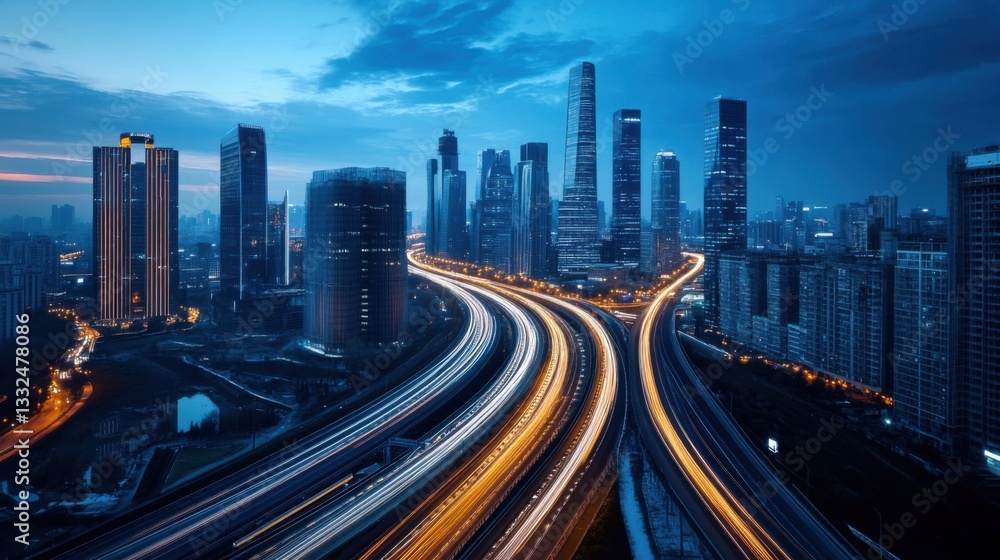 Urban skyline with illuminated highways and skyscrapers at twilight in a bustling cityscape scene Urban skyline with illuminated highways and skyscrapers at twilight in a bustling cityscape scene