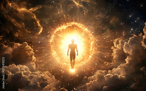 A celestial being descending from the heavens, their radiant presence filling the space with divine light