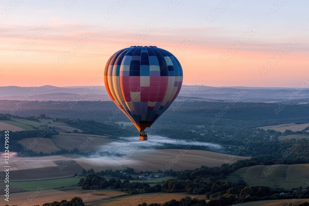 Obraz premium vibrant hot air balloon soars over serene landscape at sunrise casting rich shadows on fields below with ample negative