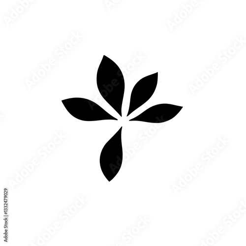 Abstract black and white floral motif, symmetrical arrangement of five leaf-like shapes emanating from a central point.