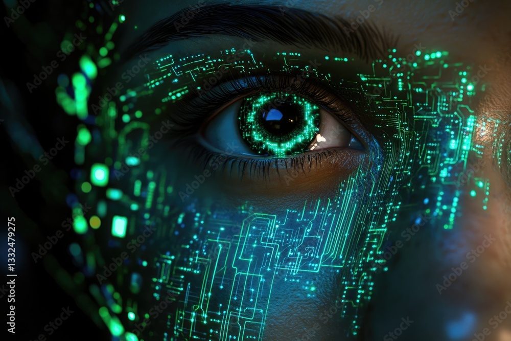 A close-up of a human eye with glowing green circuit patterns overlayed, suggesting technological integration or augmentation. A close-up of a human eye with glowing green circuit patterns overlayed, suggesting technological integration or augmentation.