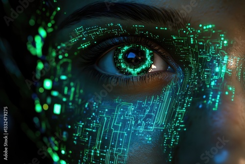 A close-up of a human eye with glowing green circuit patterns overlayed, suggesting technological integration or augmentation.