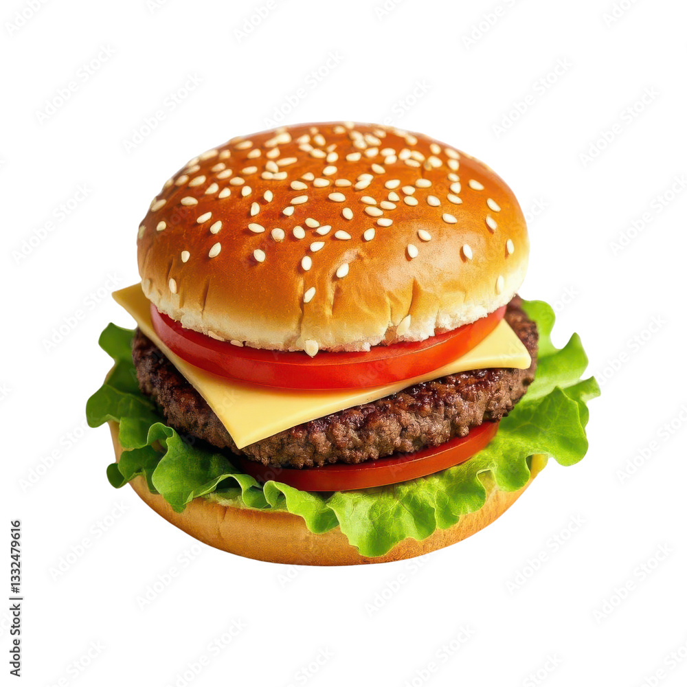 Realistic Burger with Sesame Bun, Lettuce, Tomato, Cheese, and Beef Patty Isolated on Transparent Background Realistic Burger with Sesame Bun, Lettuce, Tomato, Cheese, and Beef Patty Isolated on Transparent Background
