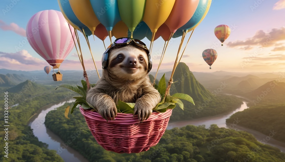Obraz premium Adorable Sloth Soaring Above Lush Landscapes in a Hot Air Balloon