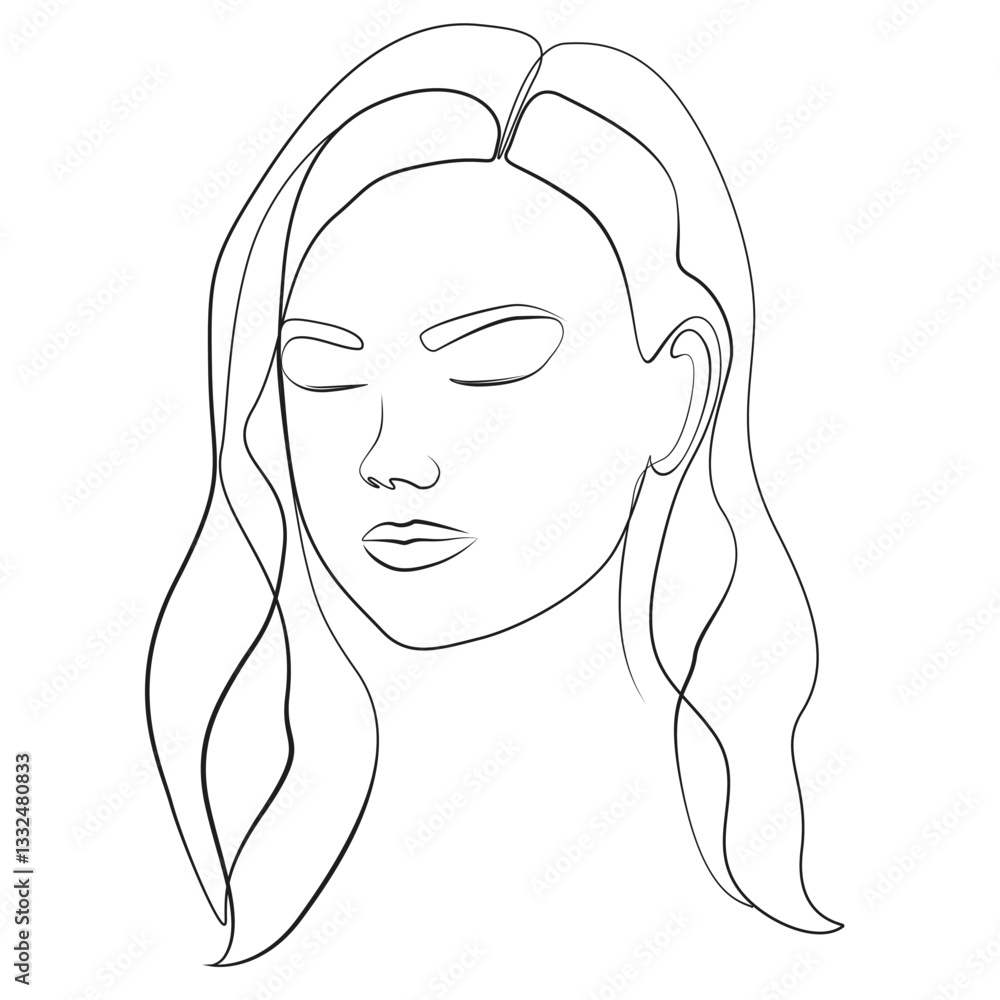 Woman head line drawing on white isolated background. Beautiful girl face with full lips, closed eyes and styled hair Woman head line drawing on white isolated background. Beautiful girl face with full lips, closed eyes and styled hair