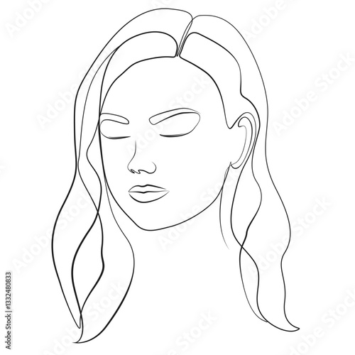 Woman head line drawing on white isolated background. Beautiful girl face with full lips, closed eyes and styled hair