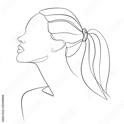 Woman head one line drawing on white isolated background, side view. Hair pulled back into a ponytail