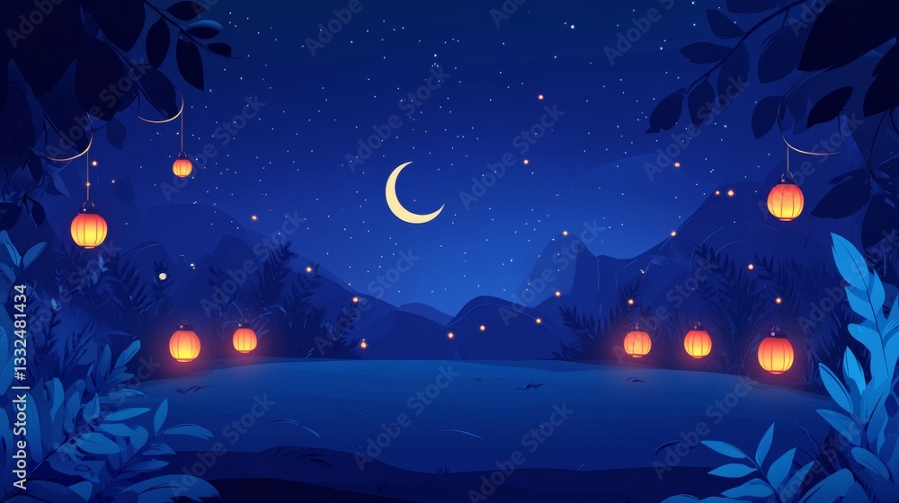 Naklejka premium Enchanting ramadan night scene middle eastern oasis gigapixel imagery mystical environment aerial viewpoint lanterns glowing