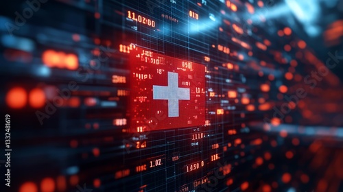 Swiss flag on a futuristic cyber network background. Red and blue light effects symbolize finance, technology, and cybersecurity. Concept of digital economy and banking in Switzerland