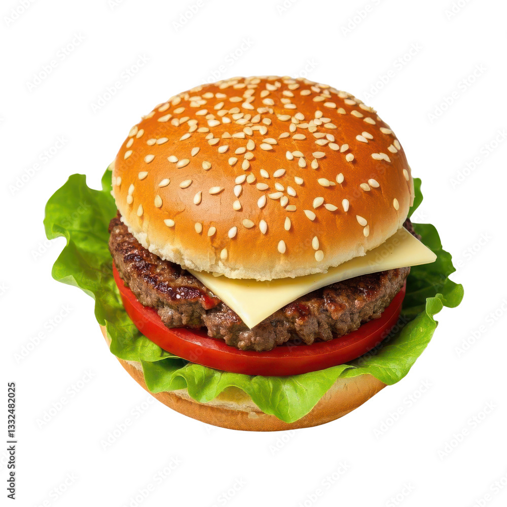 Realistic Burger with Sesame Bun, Lettuce, Tomato, Cheese, and Beef Patty Isolated on Transparent Background Realistic Burger with Sesame Bun, Lettuce, Tomato, Cheese, and Beef Patty Isolated on Transparent Background