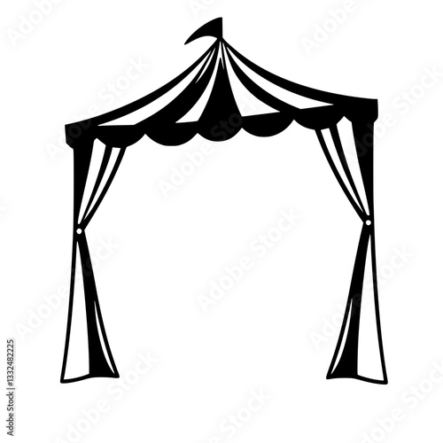 Black and white minimalist illustration of a circus tent entrance with scalloped valance, stylized curtains, and a small flag.