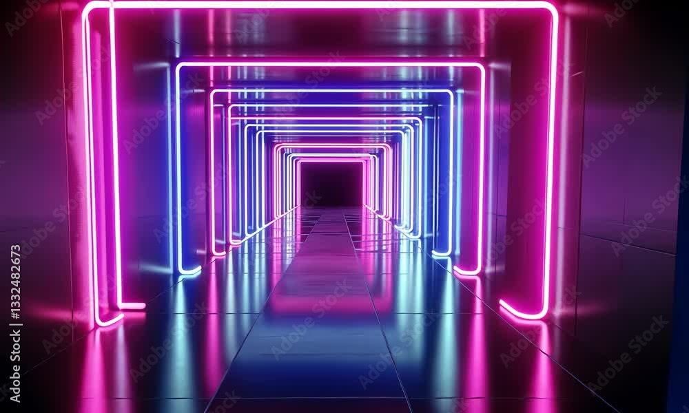 Illuminated Neon Tunnel Glows in Blue and Pink Colors Background Illuminated Neon Tunnel Glows in Blue and Pink Colors Background