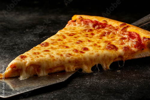 CLOSE UP ON A HOT PIZZA WITH A SLICE PULLING UP WITH THE CHEESE PULLING