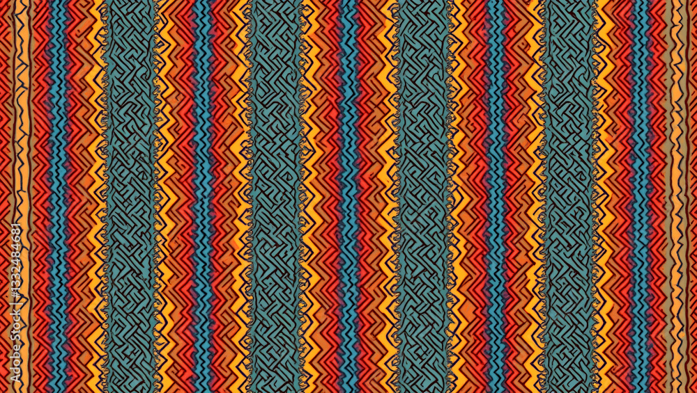 Bold Lines and Bright Colors in Cultural Prints: Seamless Patterns for Striking Modern Ethnic Design Concepts with Empty Space on the Left Side in Photo Stock Bold Lines and Bright Colors in Cultural Prints: Seamless Patterns for Striking Modern Ethnic Design Concepts with Empty Space on the Left Side in Photo Stock