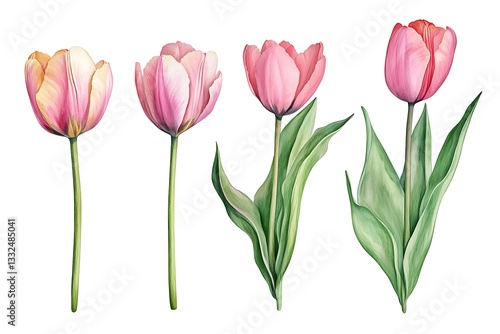 Wallpaper Mural Tulips flowers set. Hand-painted pink tulips in watercolor style, elegant floral design with pink petals and green stems Torontodigital.ca