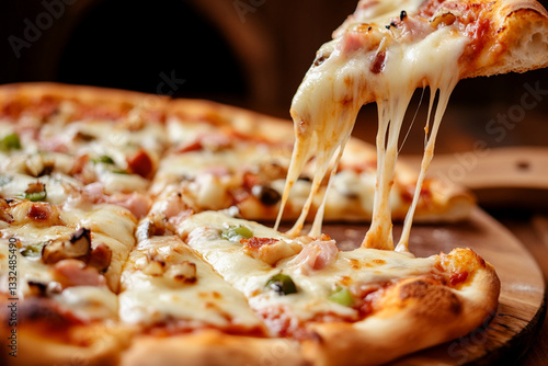 CLOSE UP ON A HOT PIZZA WITH A SLICE PULLING UP WITH THE CHEESE PULLING