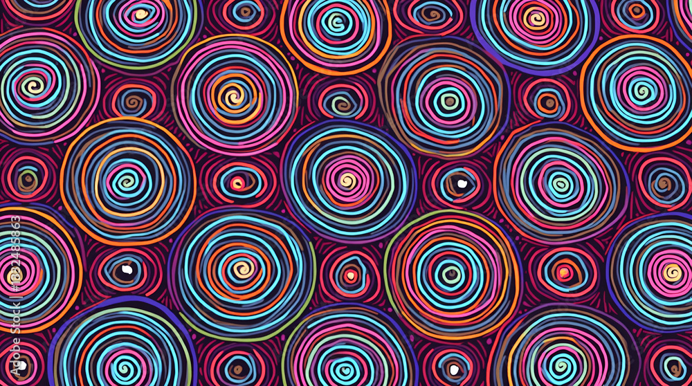 Psychedelic Seamless Pattern Design: Swirling Retro Circles in Neon Colors Capturing 1960s Vibe with Empty Space on Left for Customization - Perfect for Stock Photos and Creative Projects Psychedelic Seamless Pattern Design: Swirling Retro Circles in Neon Colors Capturing 1960s Vibe with Empty Space on Left for Customization - Perfect for Stock Photos and Creative Projects