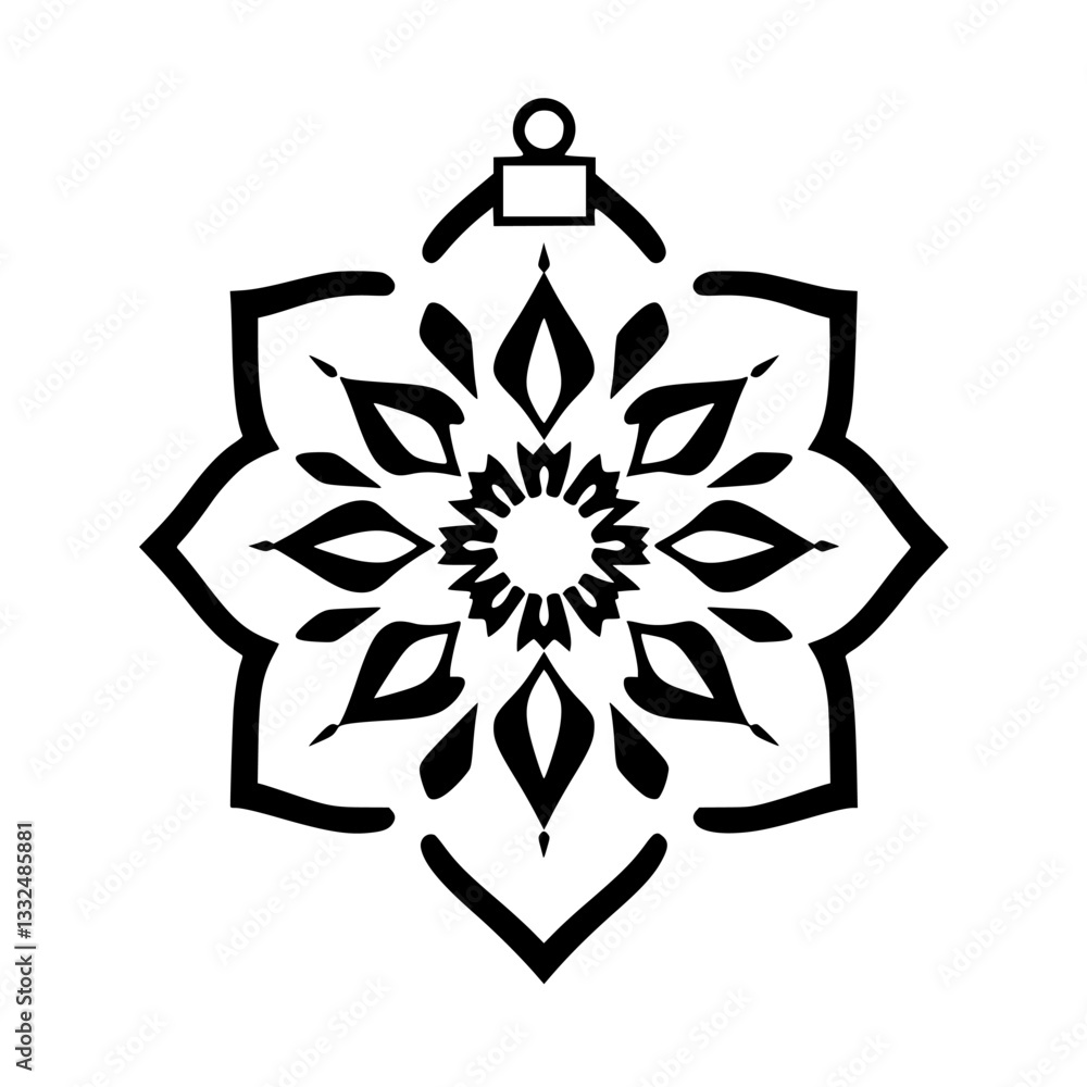 Geometric Black and White Ornamental Design resembling a floral mandala or Christmas ornament, symmetrical with a minimalist aesthetic, isolated. Geometric Black and White Ornamental Design resembling a floral mandala or Christmas ornament, symmetrical with a minimalist aesthetic, isolated.
