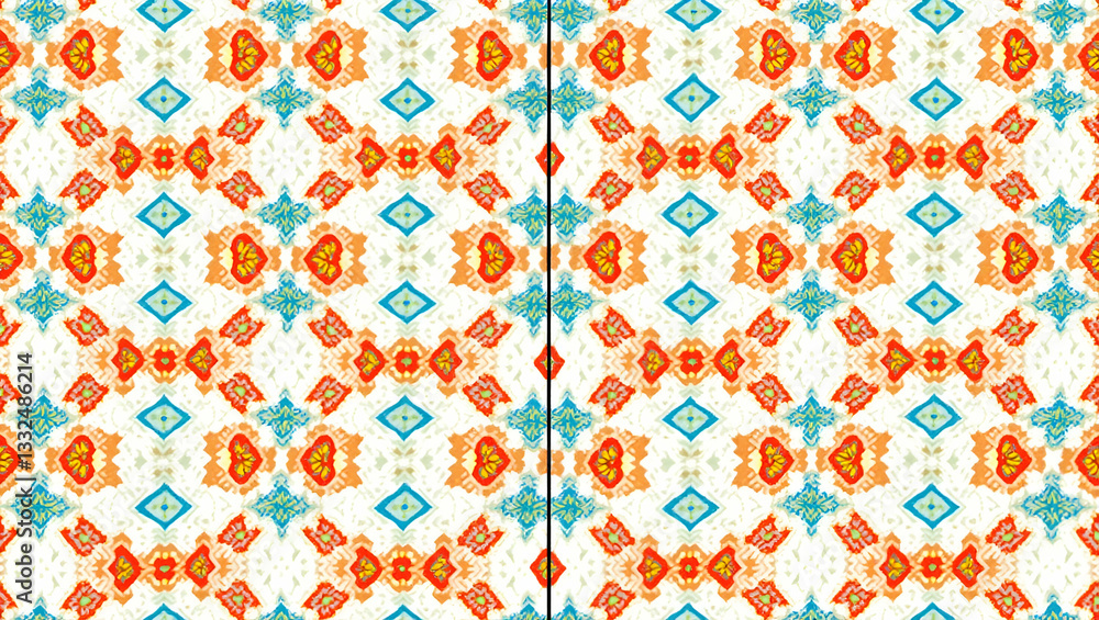 Bright Festive Ethnic Patterns and Geometric Symbols: Create Modern Tile Designs with Clean Lines, Vibrant Colors, and Strategic White Space for a Balanced Aesthetic in Photo Stock Bright Festive Ethnic Patterns and Geometric Symbols: Create Modern Tile Designs with Clean Lines, Vibrant Colors, and Strategic White Space for a Balanced Aesthetic in Photo Stock