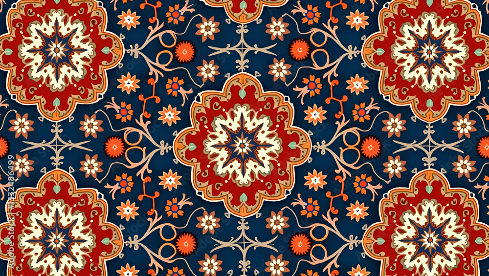 Flat Incorporate Persian carpet designs into a seamless tile pattern featuring intricate floral elements and bold saturated color contrasts. concept as Use Persian carpet decorations focusing on intri Flat Incorporate Persian carpet designs into a seamless tile pattern featuring intricate floral elements and bold saturated color contrasts. concept as Use Persian carpet decorations focusing on intri