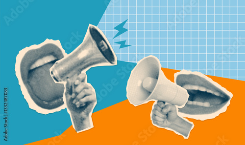 Vintage collage with two screaming mouths, loudspeakers and checkered paper speech bubble. E-commerce banner. Halftone newspaper elements. Advertising banner with bullhorn, copy space. Vector