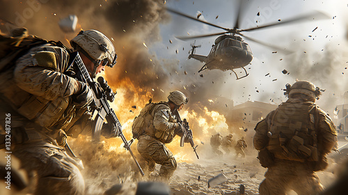Escena de combate cuerpo a cuerpo en guerra moderna con apoyo de helicóptero