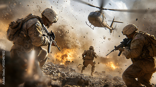 Escena de combate cuerpo a cuerpo en guerra moderna con apoyo de helicóptero