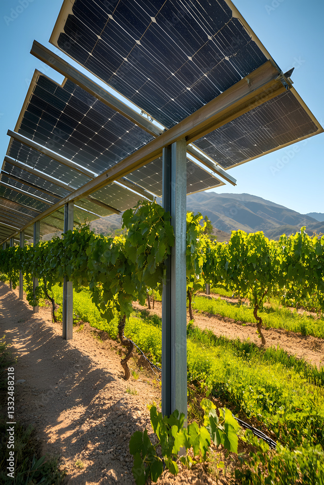 Fototapeta premium viñedo con paneles solares instalados sobre las filas de vides. Los paneles solares están montados en estructuras elevadas, permitiendo que las plantas crezcan debajo de ellos. 