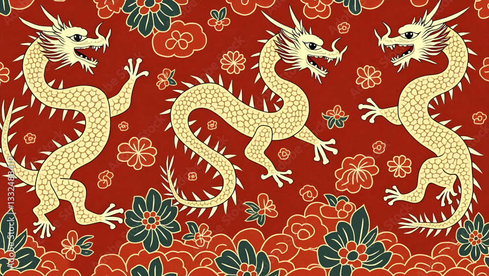 Fototapeta premium Vibrant Red Dragons and Golden Phoenixes Seamless Tile Pattern for Festive Chinese Home Decor - Cute Flat Vector Illustration for Smart Business Concepts