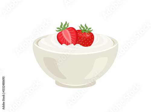 Yogurt with strawberry in white bowl. Vector cartoon illustration of healthy food.