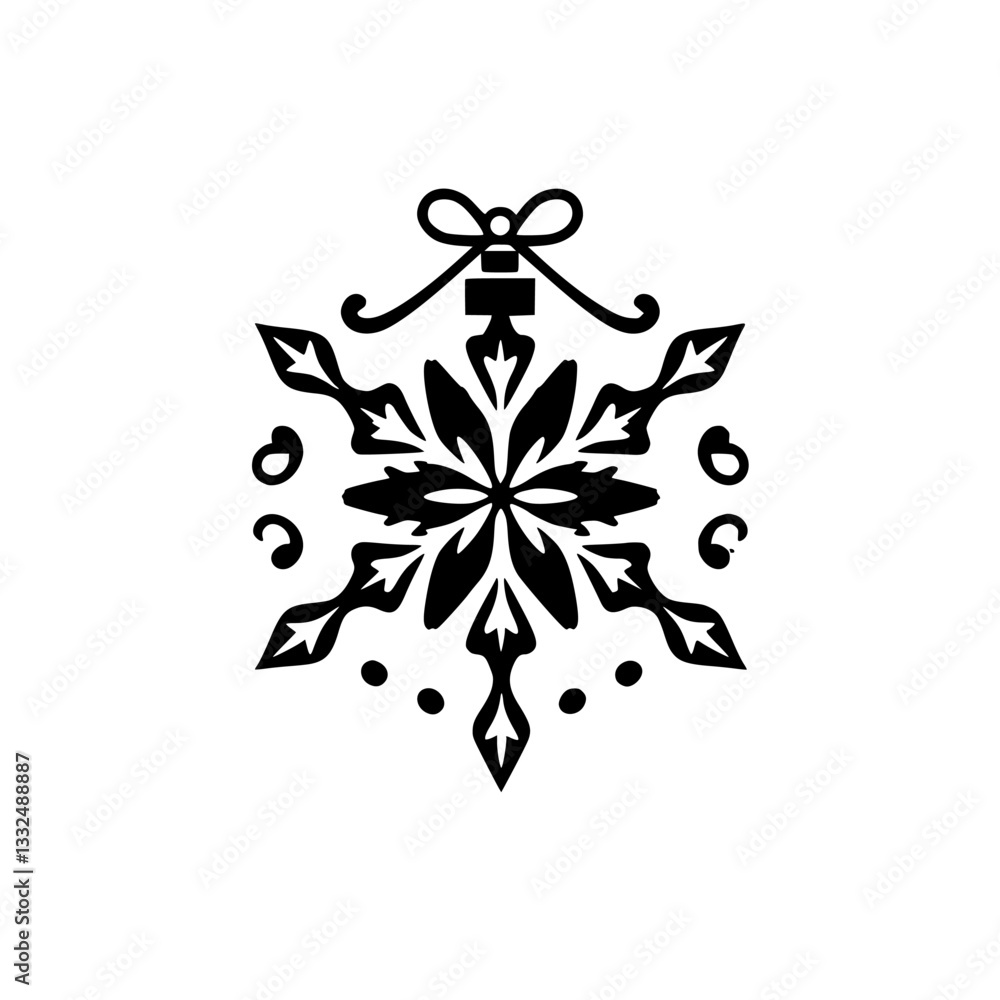 custom made wallpaper toronto digitalOrnate, symmetrical black and white Christmas ornament design featuring a snowflake-like structure with a bow, delicate curls, and pointed edges, against a white backdrop.