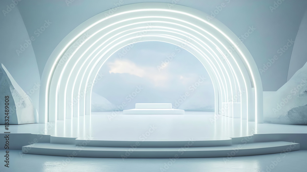 Fototapeta premium Futuristic stage with glowing arches in minimalist design.