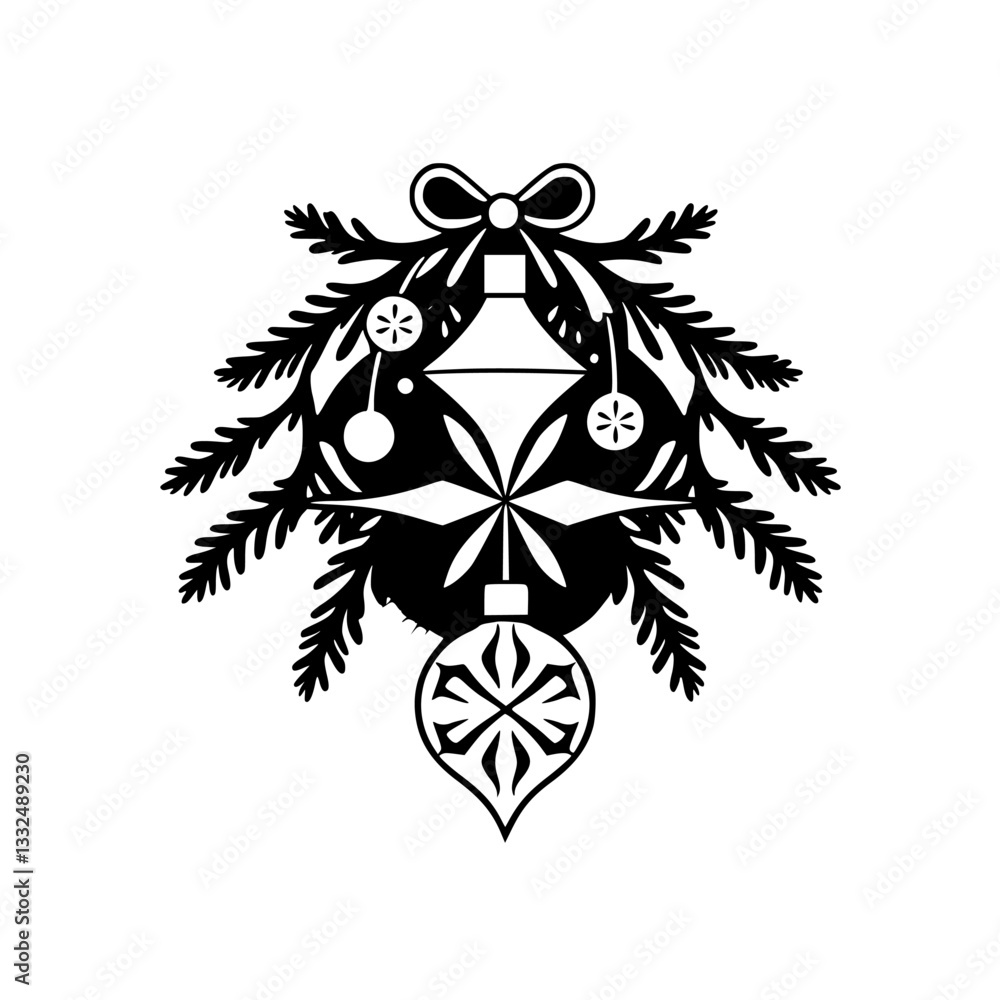 Fototapeta premium Elegant Black and White Christmas Ornament with Pine Branches, Bow, and Festive Baubles, Minimalist Design