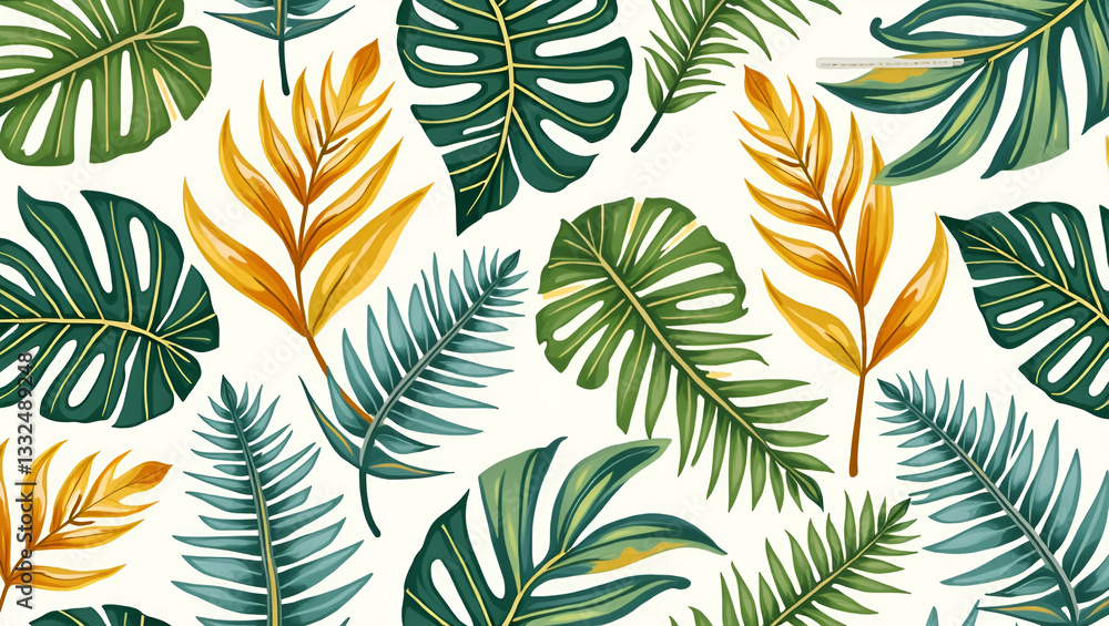 Bold Tropical Summer Designs: Seamless Flat Pattern of Energetic Palm and Fern Leaves for Interior and Outdoor Spaces - Cute Vector Illustration for Vibrant Decor Bold Tropical Summer Designs: Seamless Flat Pattern of Energetic Palm and Fern Leaves for Interior and Outdoor Spaces - Cute Vector Illustration for Vibrant Decor