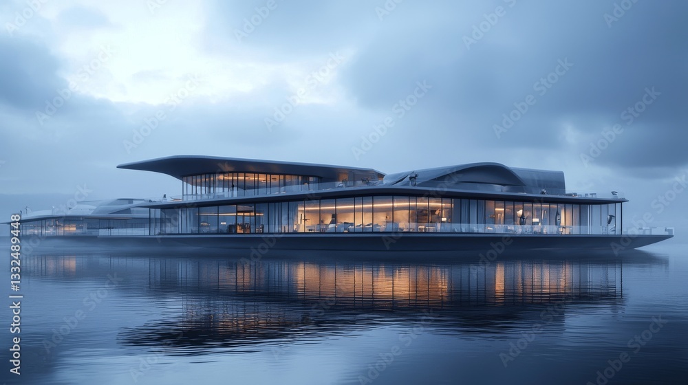 Fototapeta premium Modern building reflecting on calm water.