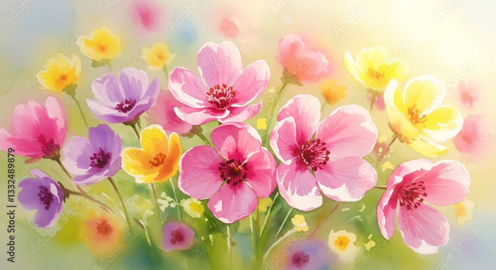 Fototapeta premium Delicate watercolor painting of spring flowers, filled with lightness and grace. Pastel shades convey the feeling of nature awakening, warmth, and the freshness of a spring morning.