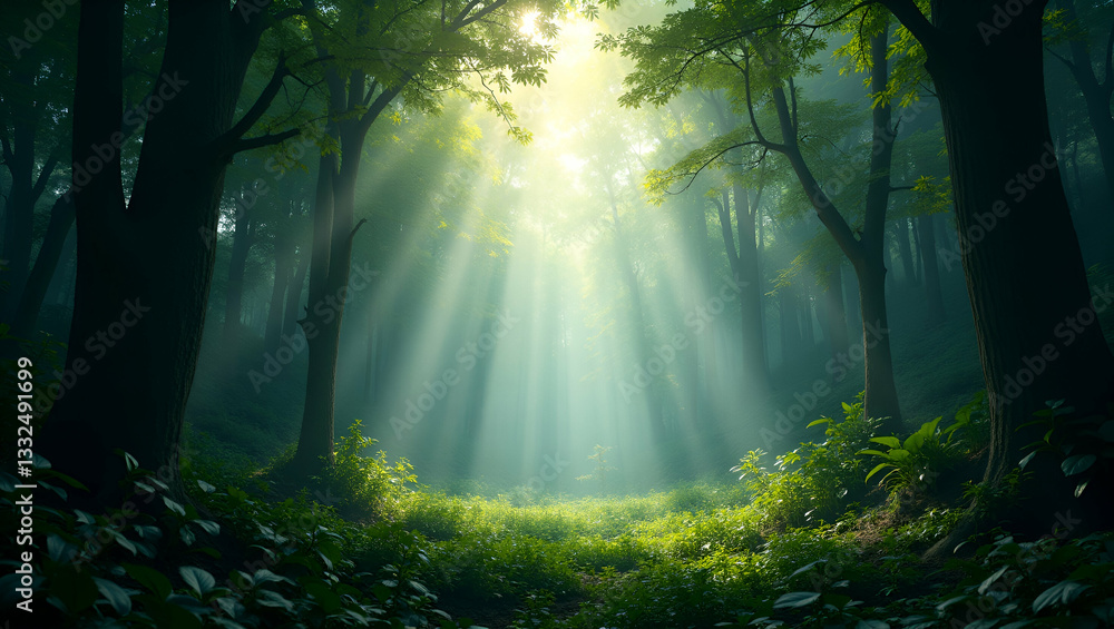 Obraz premium Watercolor Illustration: Sunlight Through Lush Rainforest Canopy