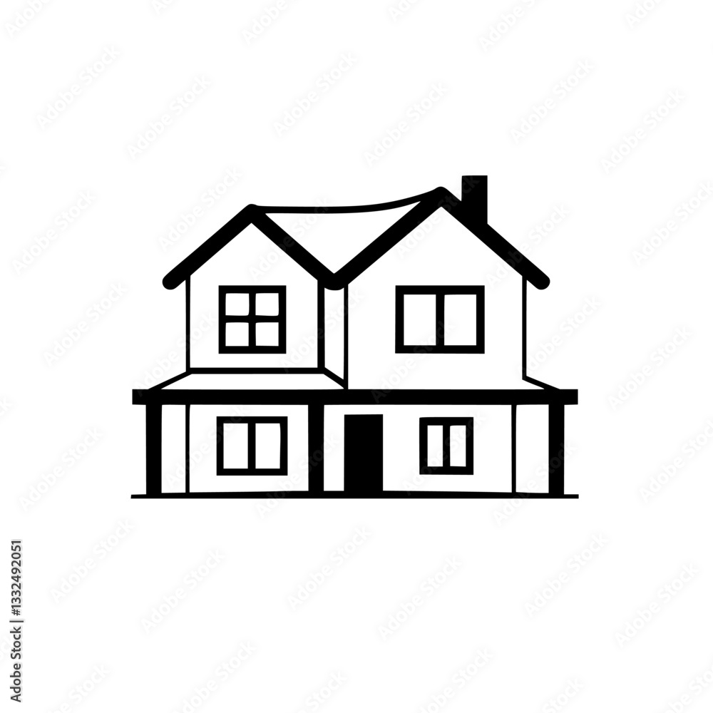 Stylized Black and White Vector Illustration of a Two-Story House with Gable Roof, Chimney, and Windows, Set Against a White Background. Stylized Black and White Vector Illustration of a Two-Story House with Gable Roof, Chimney, and Windows, Set Against a White Background.